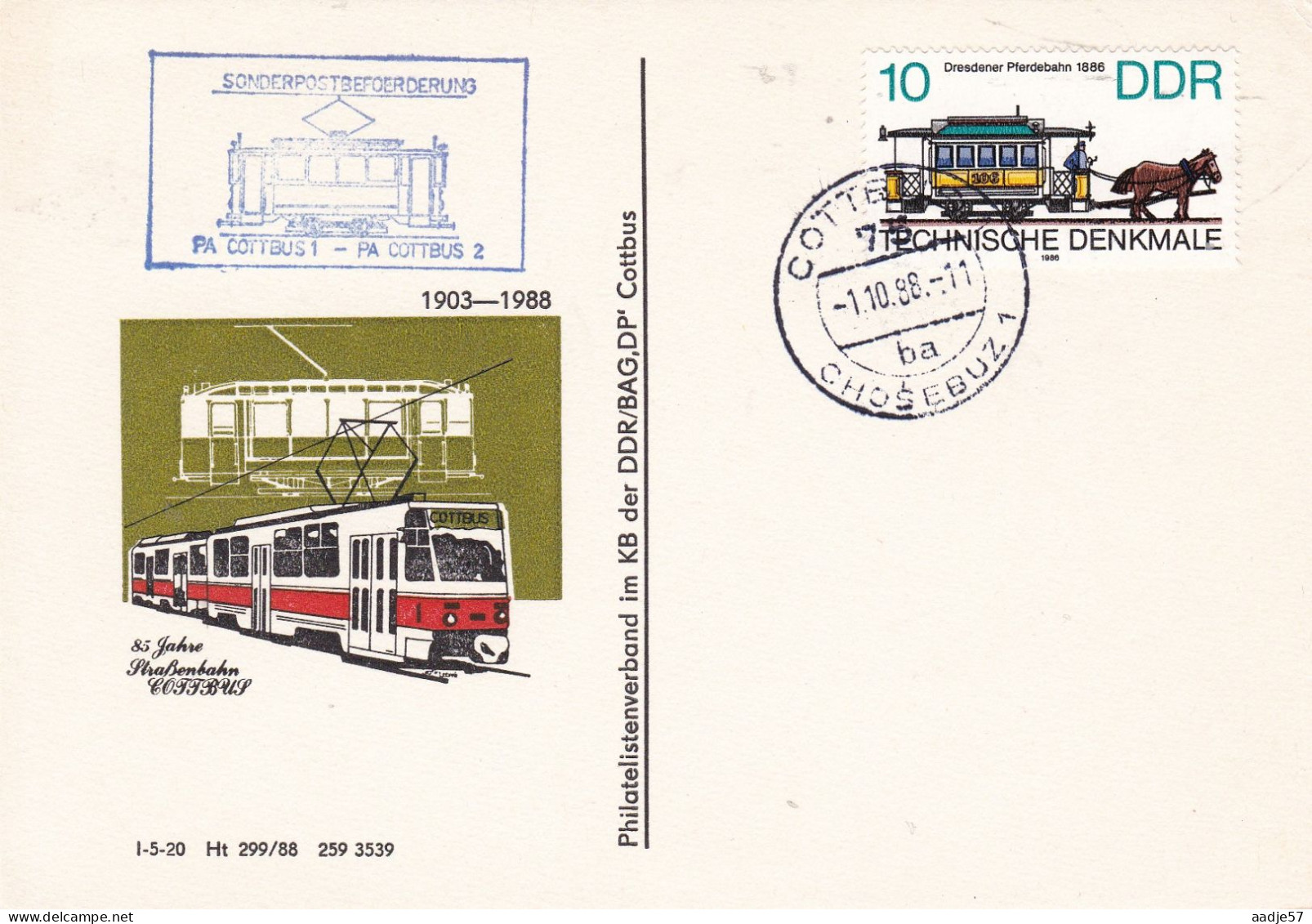 DDR 1988  85 Jahre Strassenbahn Cottbus Sonderpostbeförderung - Strassenbahnen