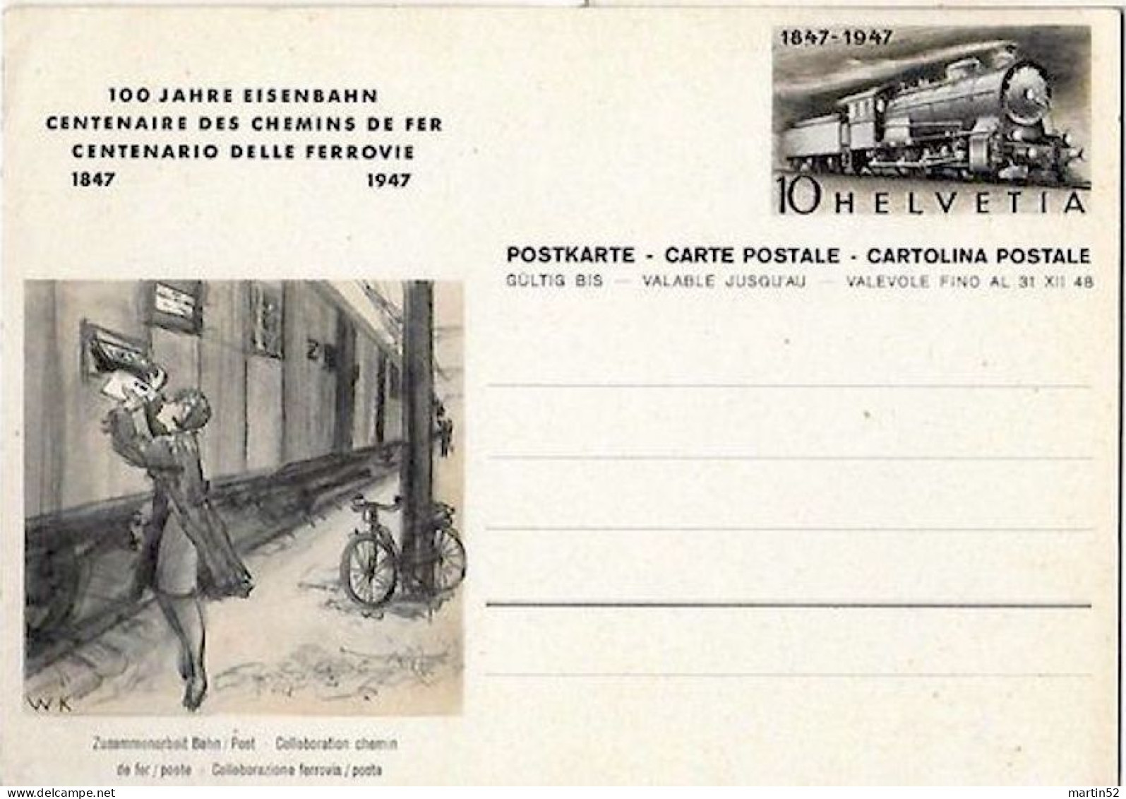 Schweiz Suisse 1947: Bild-PK / CPI 100 Jahre Eisenbahn / Rail (Bahn > Post) "Radlerin Cycliste" Ungelaufen / Non Circulé - Cycling