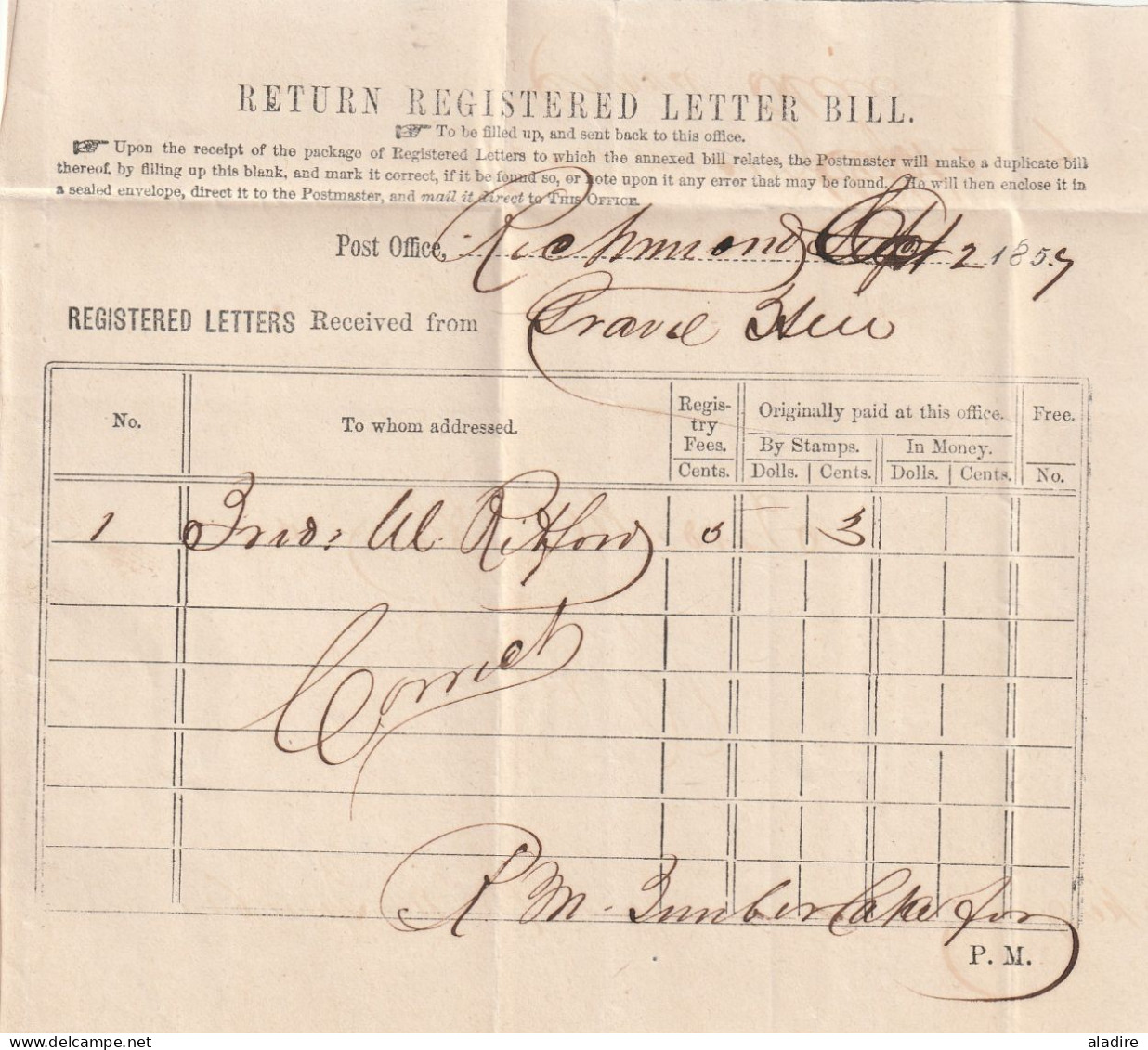 USA - 1857 - Collection Of 4 Return Regisstered Letter Bills - Richmond & Petersburg From Gravel Hill - Lettres & Documents