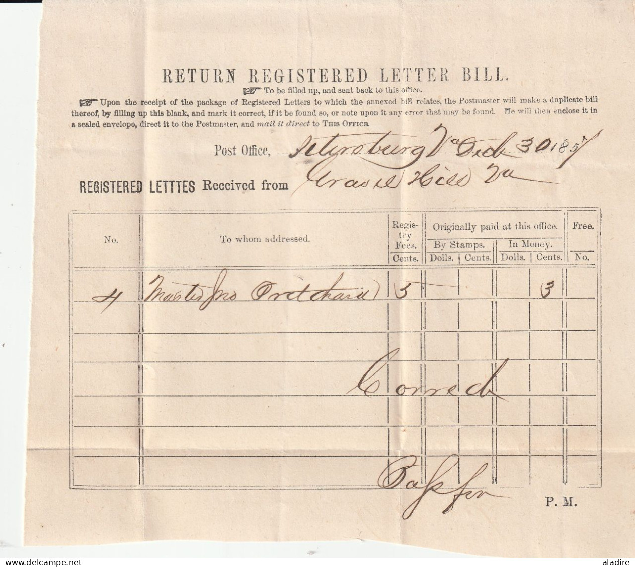 USA - 1857 - Collection Of 4 Return Regisstered Letter Bills - Richmond & Petersburg From Gravel Hill - Lettres & Documents