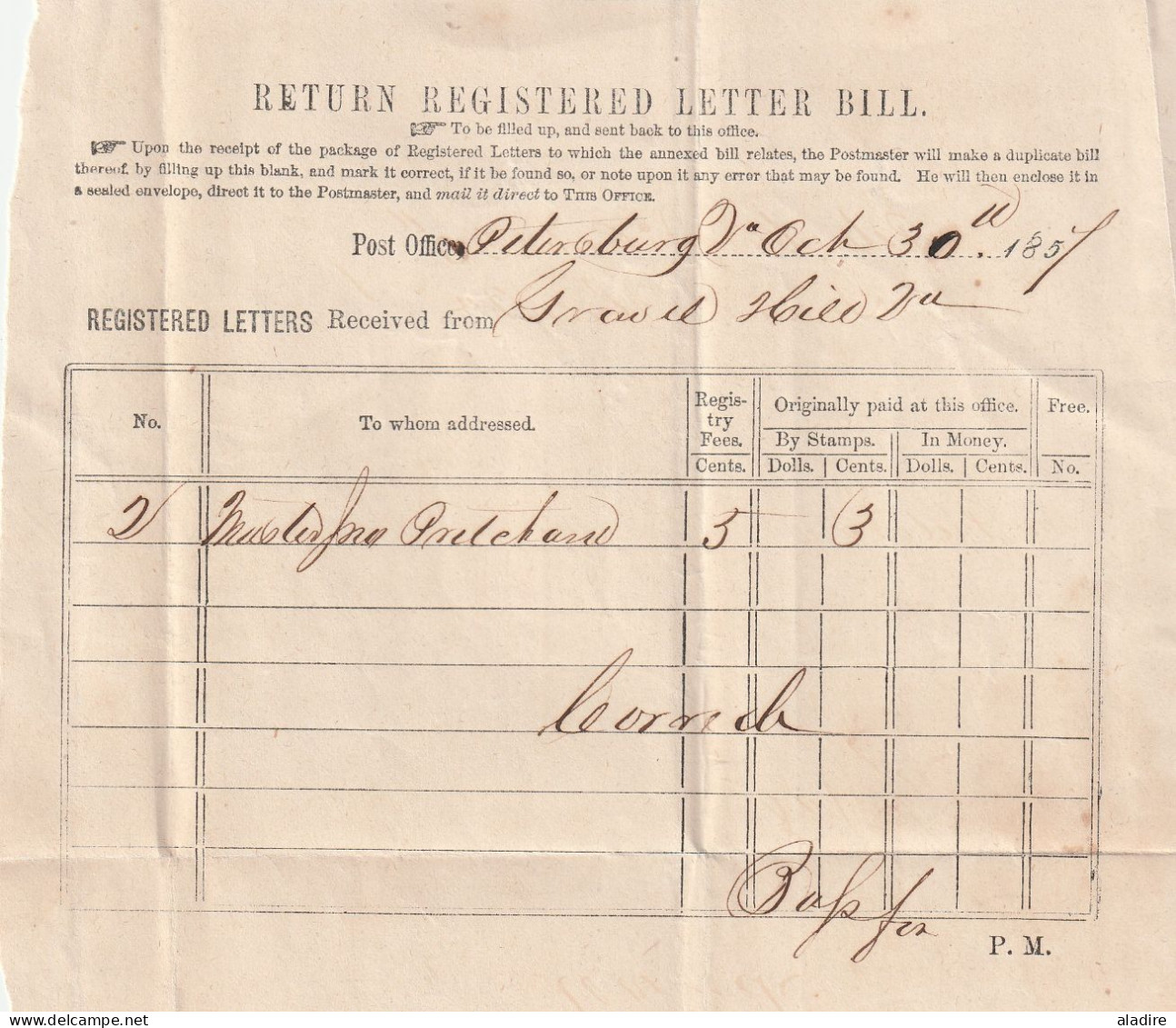 USA - 1857 - Collection Of 4 Return Regisstered Letter Bills - Richmond & Petersburg From Gravel Hill - Cartas & Documentos