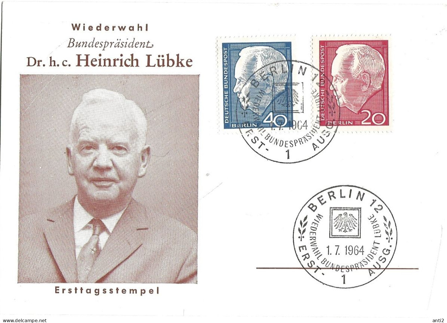 Germany  Berlin 1964   Card   Heinrich Lübke - Mi 234-235 On Card  First Day Cancellation FDC - Brieven En Documenten