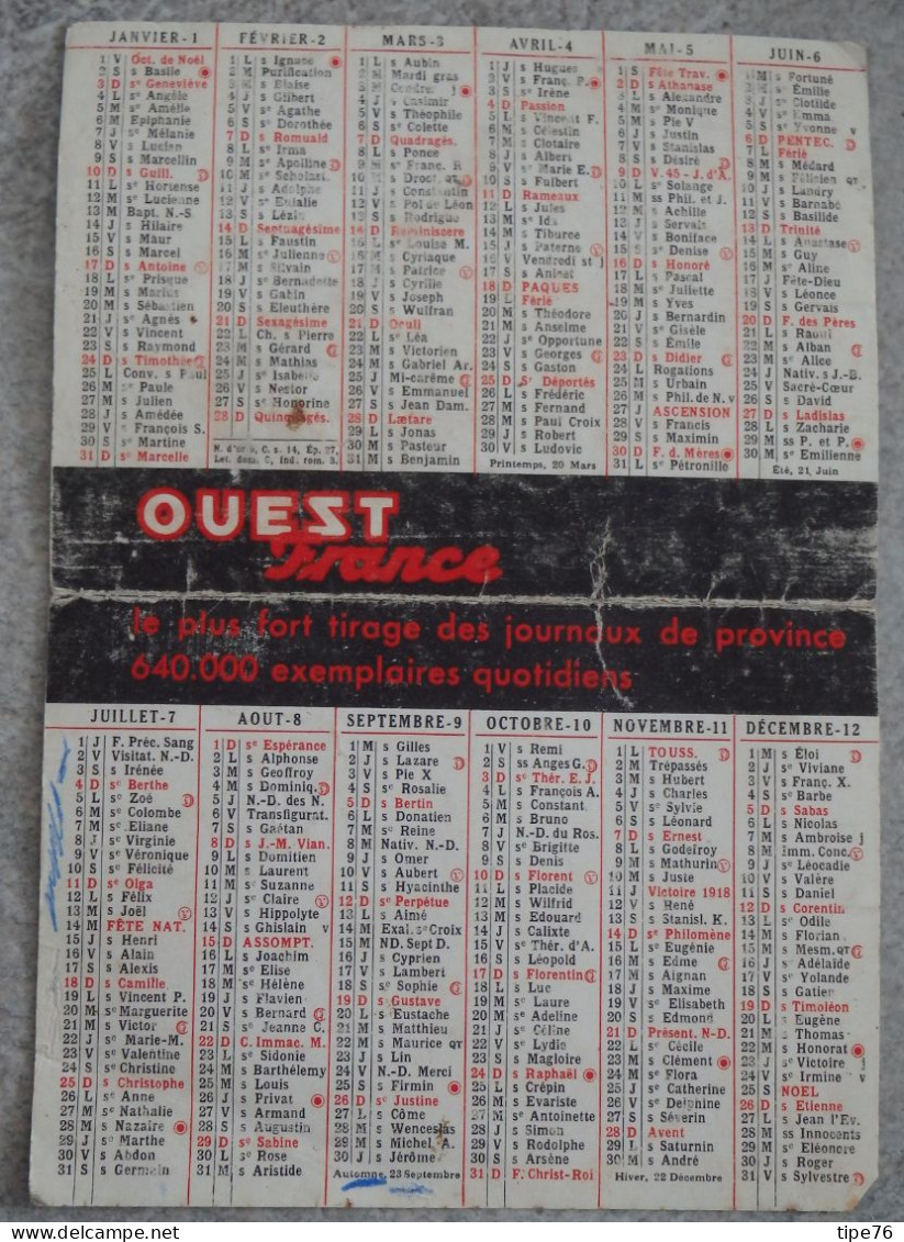 Petit Calendrier De Poche 1965 Journal Ouest France - Tamaño Pequeño : 1961-70