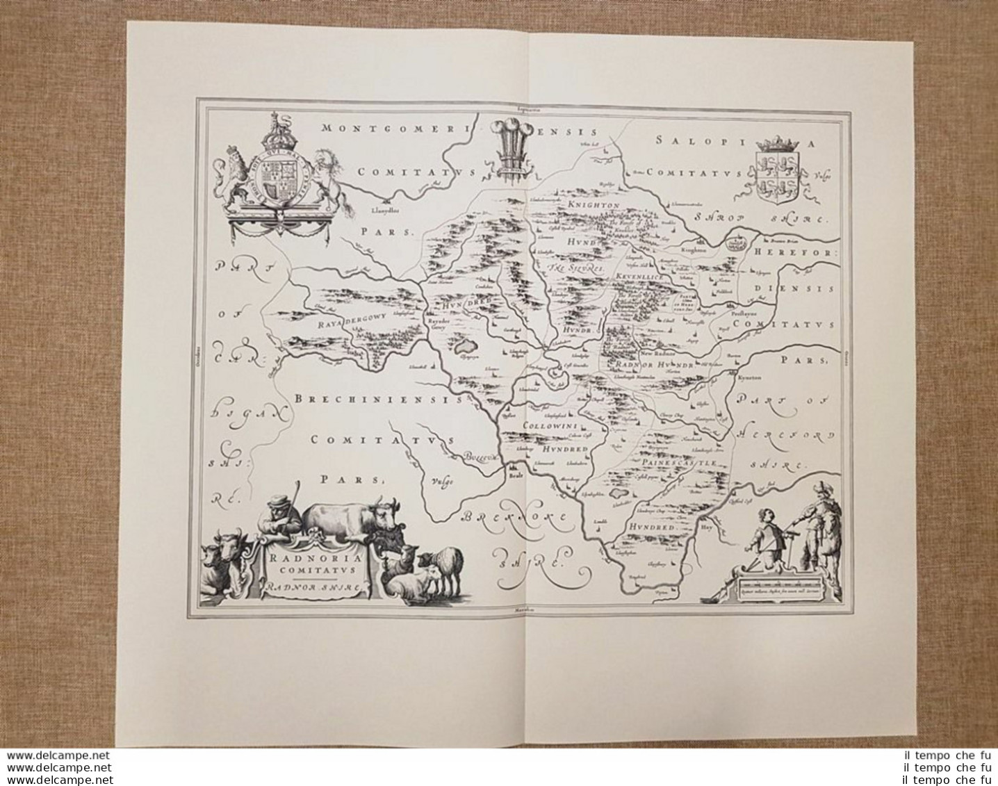 Carta Geografica Mappa Radnorshire Galles Regno Unito Anno 1650 J.Blaeu Ristampa - Cartes Géographiques