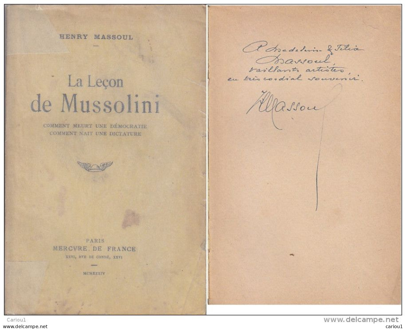 C1 ITALIE Henry MASSOUL La LECON DE MUSSOLINI 1934 DEDICACE Envoi PORT INCLUS France Metropolitaine - Signierte Bücher