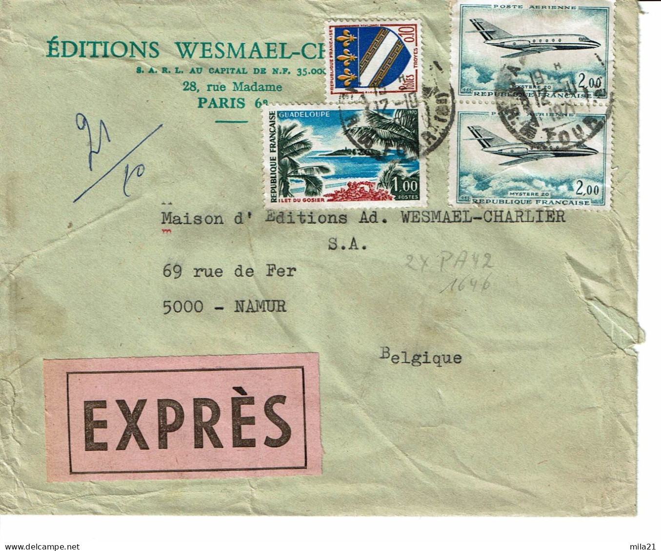 Timbres Françe  PA42(2x) 1646 + Ecusson - Sur  Lettre EXPRES Pour La Belgique - Covers & Documents