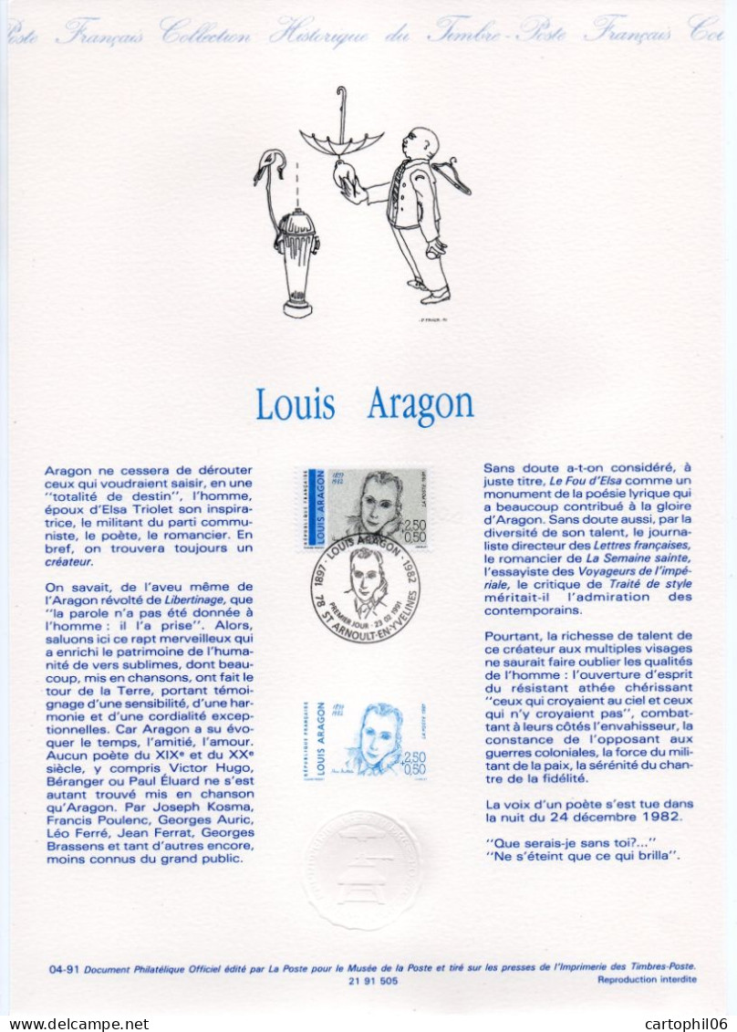 - Document Premier Jour LOUIS ARAGON - SAINT-ARNOULT-EN-YVELINES 23.2.1991 - - Schrijvers