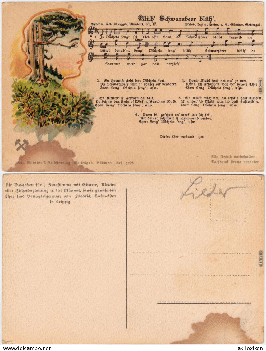 Blüh Schwarzbeer Blüh! Liedkarte Anton Günther Gottesgab Erzgebirge 1908 - Musik