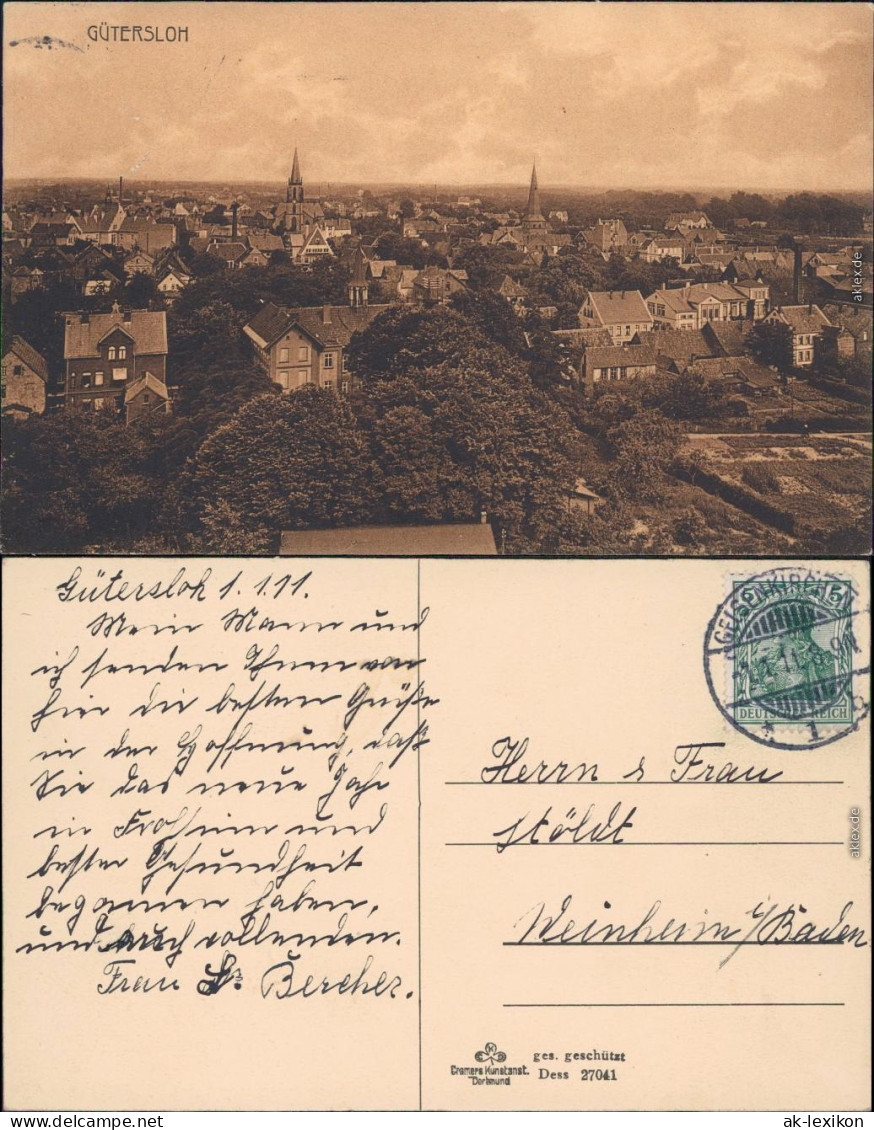 Gütersloh Blick über Die Stadt Ansichtskarte   1911 - Guetersloh