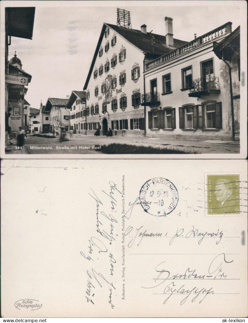 Mittenwald Hotel Post, Straßenansicht Foto Ansichtskarte  1933 - Mittenwald