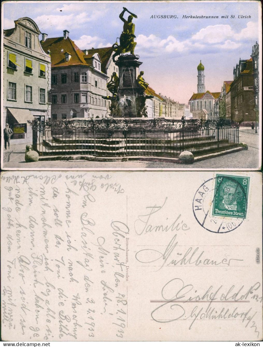 Ansichtskarte Augsburg Herkulesbrunnen Mit St. Ulrich (Zeichnung) 1933 - Augsburg