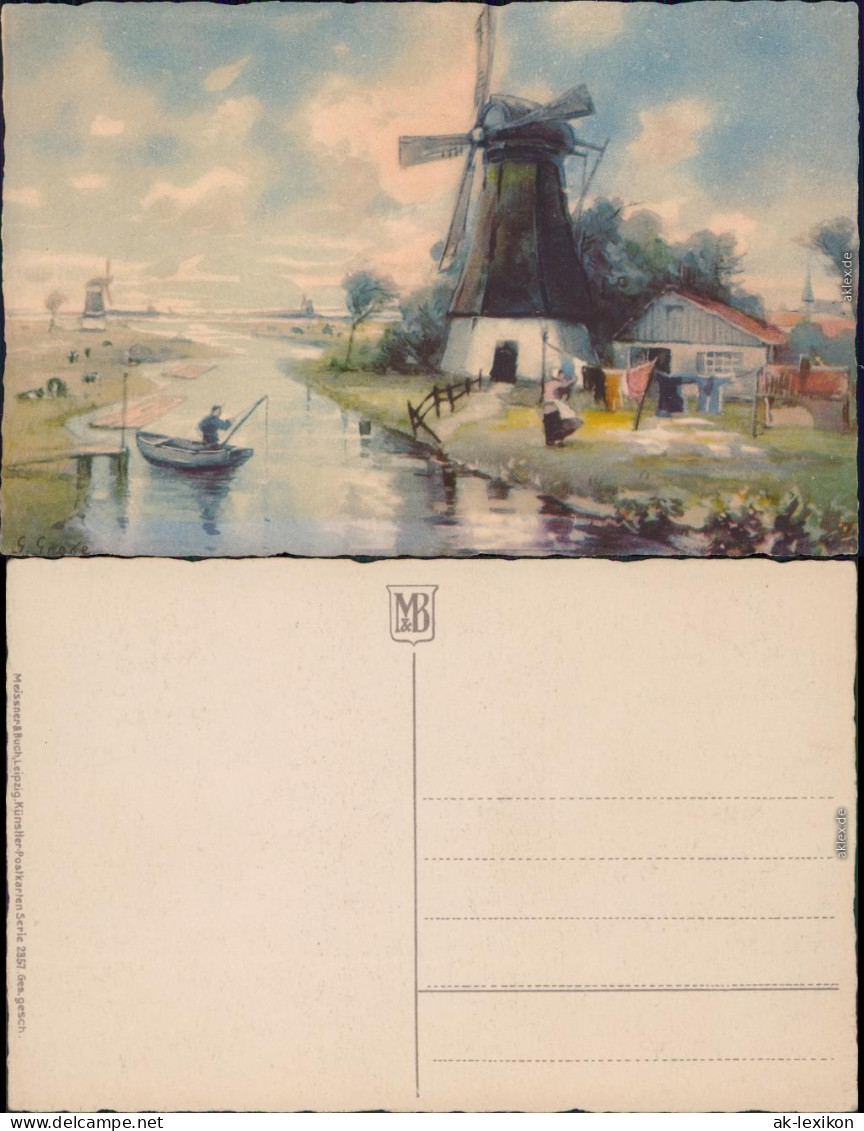 Künstlerkarte: Angler An Der Windmühle Ansichtskarte Signiert 1932 - Non Classés