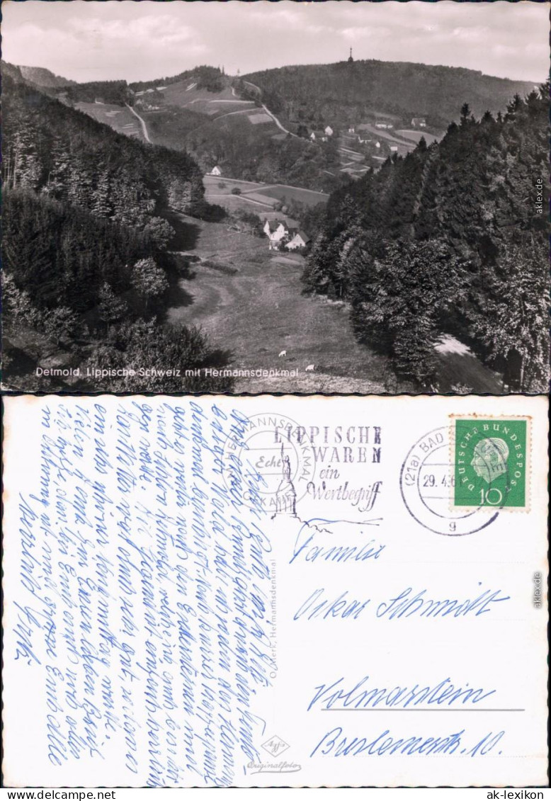 Foto Ansichtskarte Hiddesen Detmold Lippische Schweiz Mit Hermannsdenkmal 1961 - Detmold