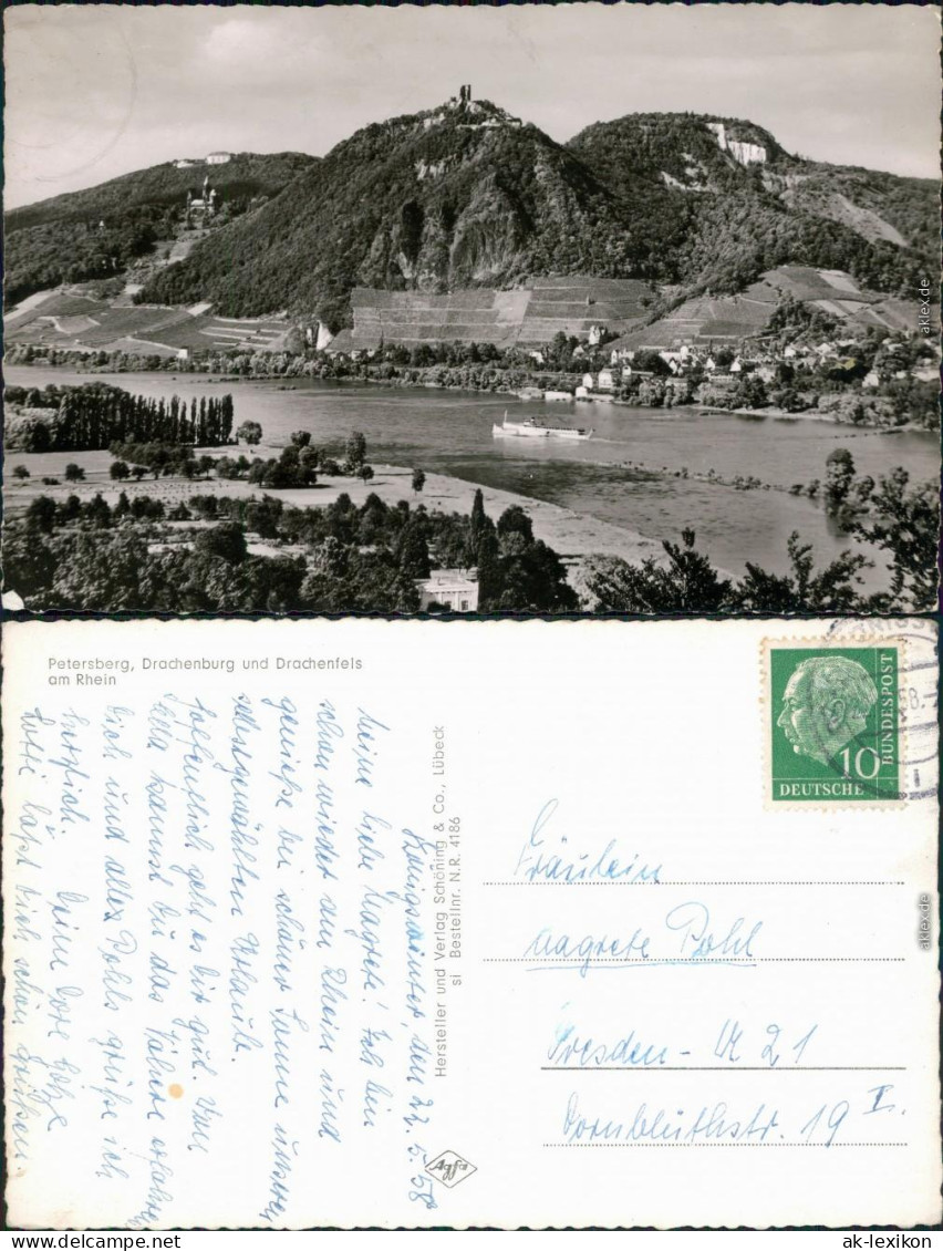 Ansichtskarte Königswinter Petersberg, Schloss Drachenburg, Drachenfels 1958 - Koenigswinter