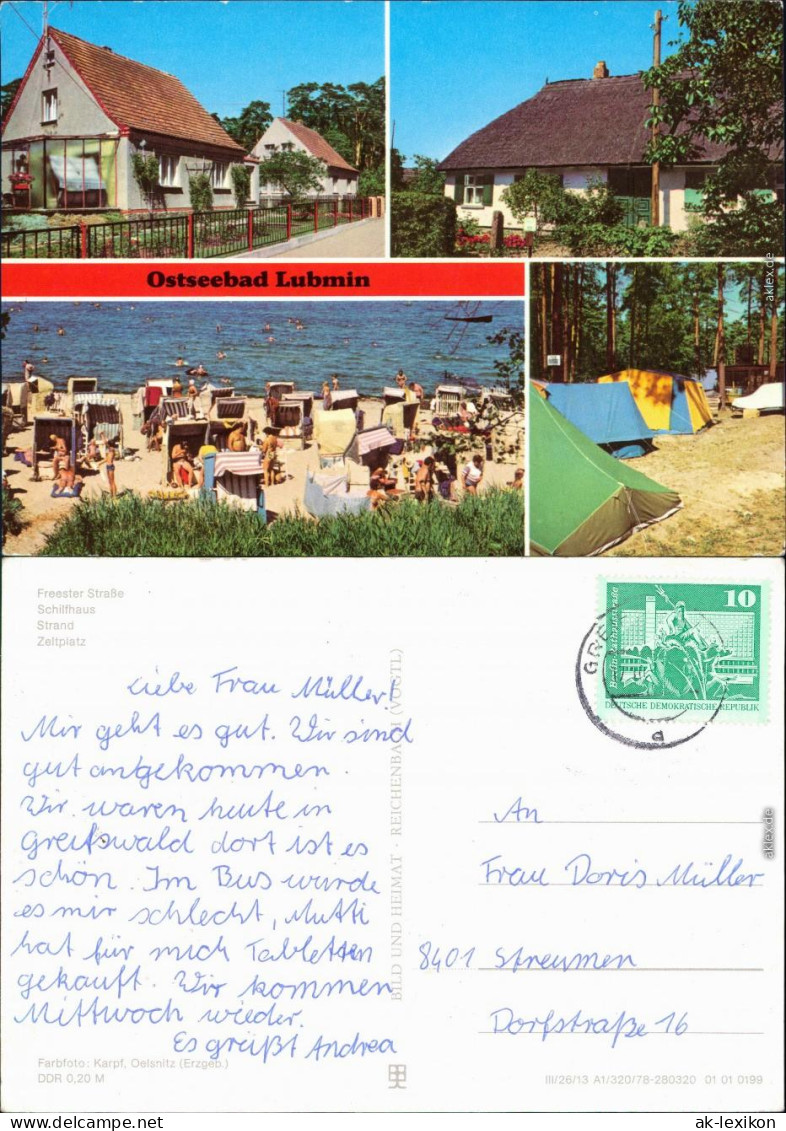 Ansichtskarte Lubmin Freester Straße, Schilfhaus, Strand, Zeltplatz 1978 - Lubmin