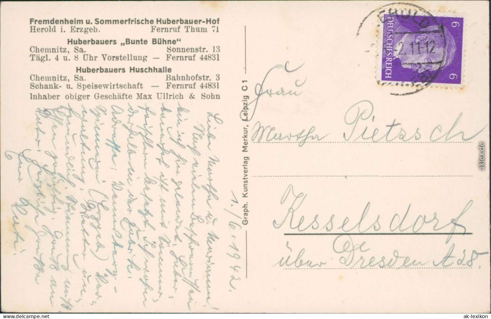 Herold -Thum Huberbauer Hof - Ratskeller Ansichtskarte Erzgebirge 1942 - Thum