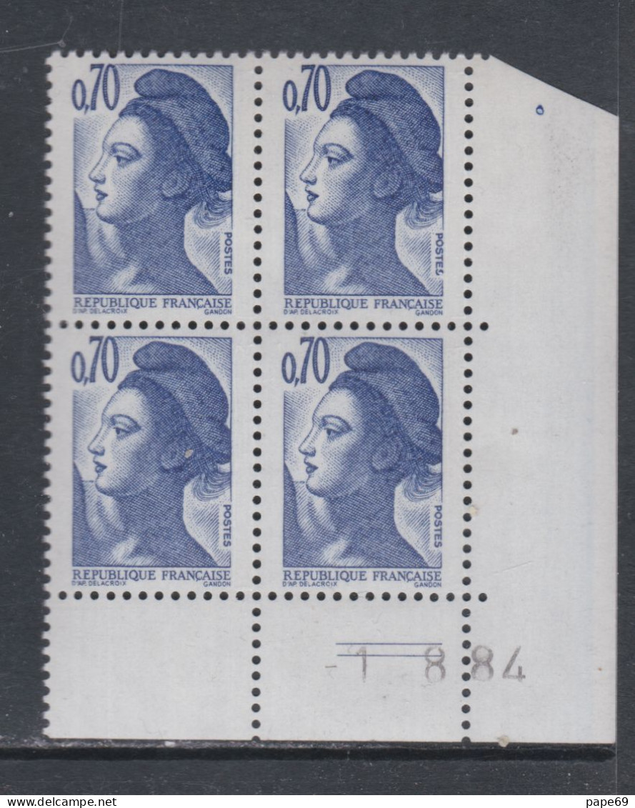 France Type Liberté N° 2240 XX : 70 C. Bleu-violet En Bloc De 4 Coin Daté Du 1 . 8 . 84 ; 2 Traits; Sans Charnière TB - 1980-1989