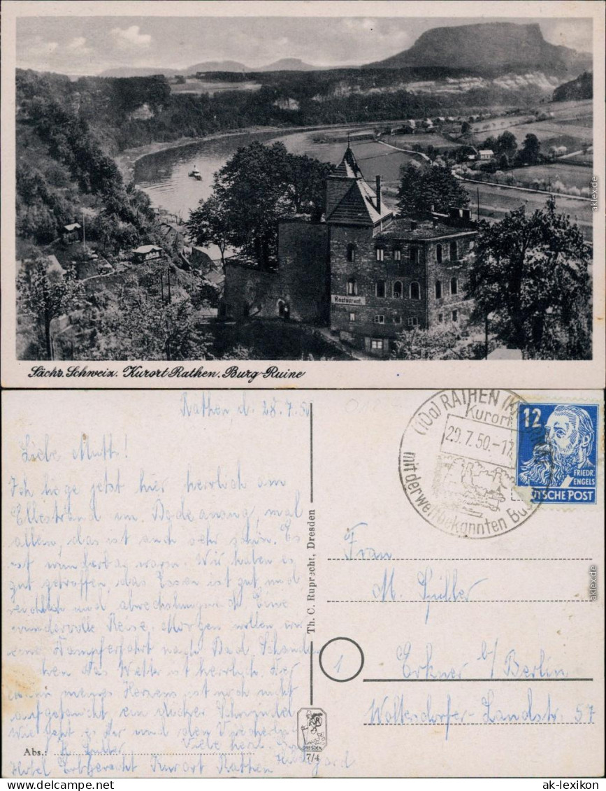 Ansichtskarte Rathen Restaurant - Burg-Ruine 1953  - Rathen