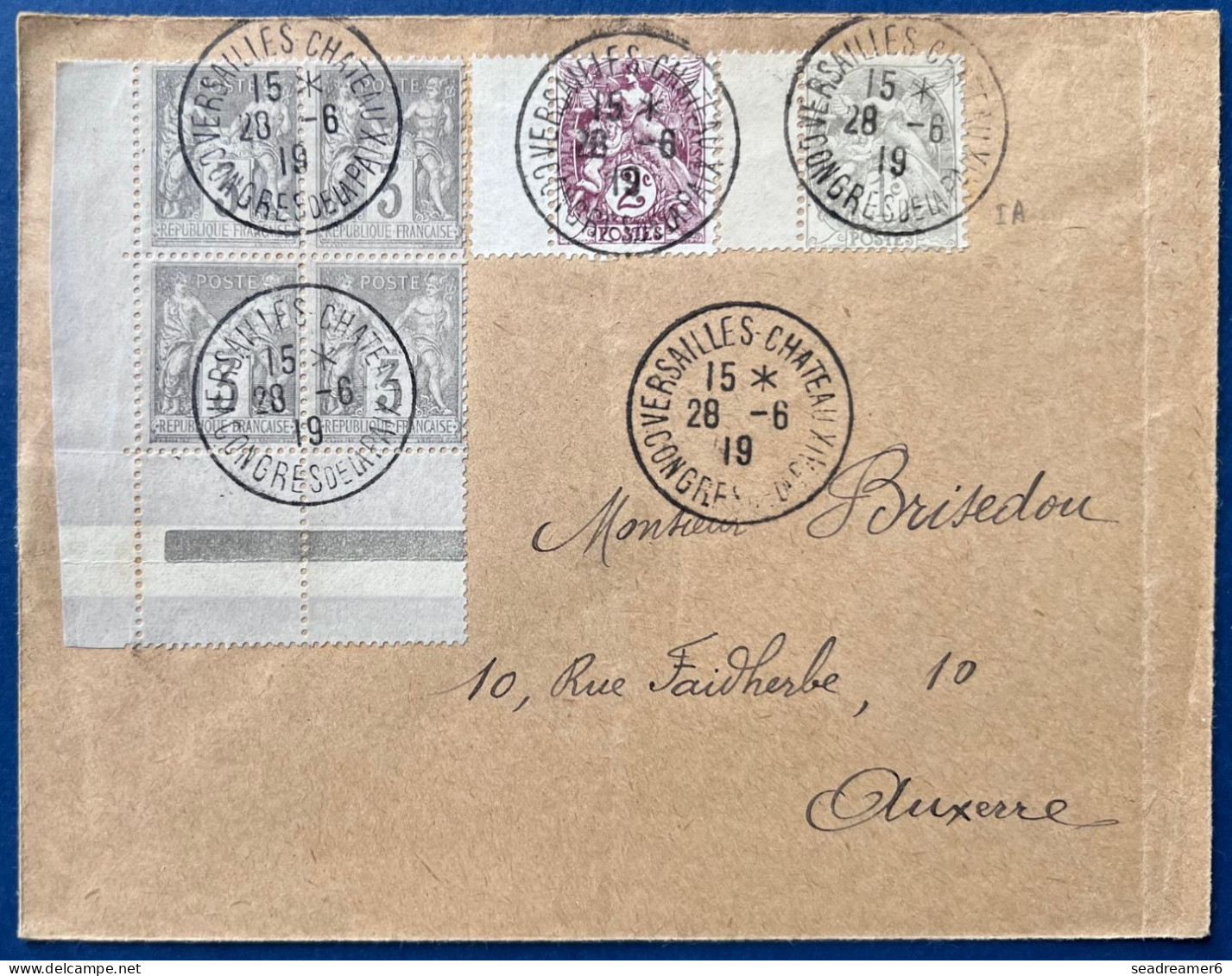 Lettre Sage Blanc N°87 Bloc De 4, N°107 & 108 Oblitérés Cachet " VERSAILLES CHATEAUX / CONGRES DE LA PAIX " - 1900-29 Blanc