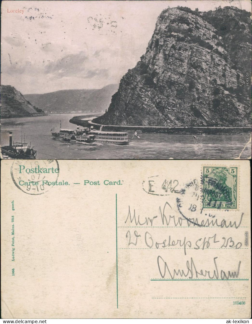 Ansichtskarte St. Goarshausen Loreley Mit Dampfer Am Rhein 1907 - Loreley