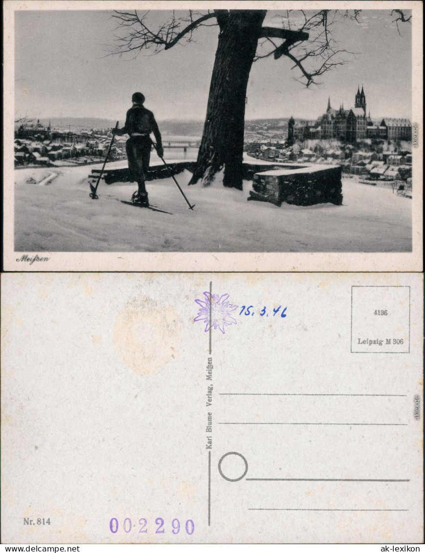 Ansichtskarte Meißen Panorama-Ansicht Mit Skifahrer 1946 - Meissen