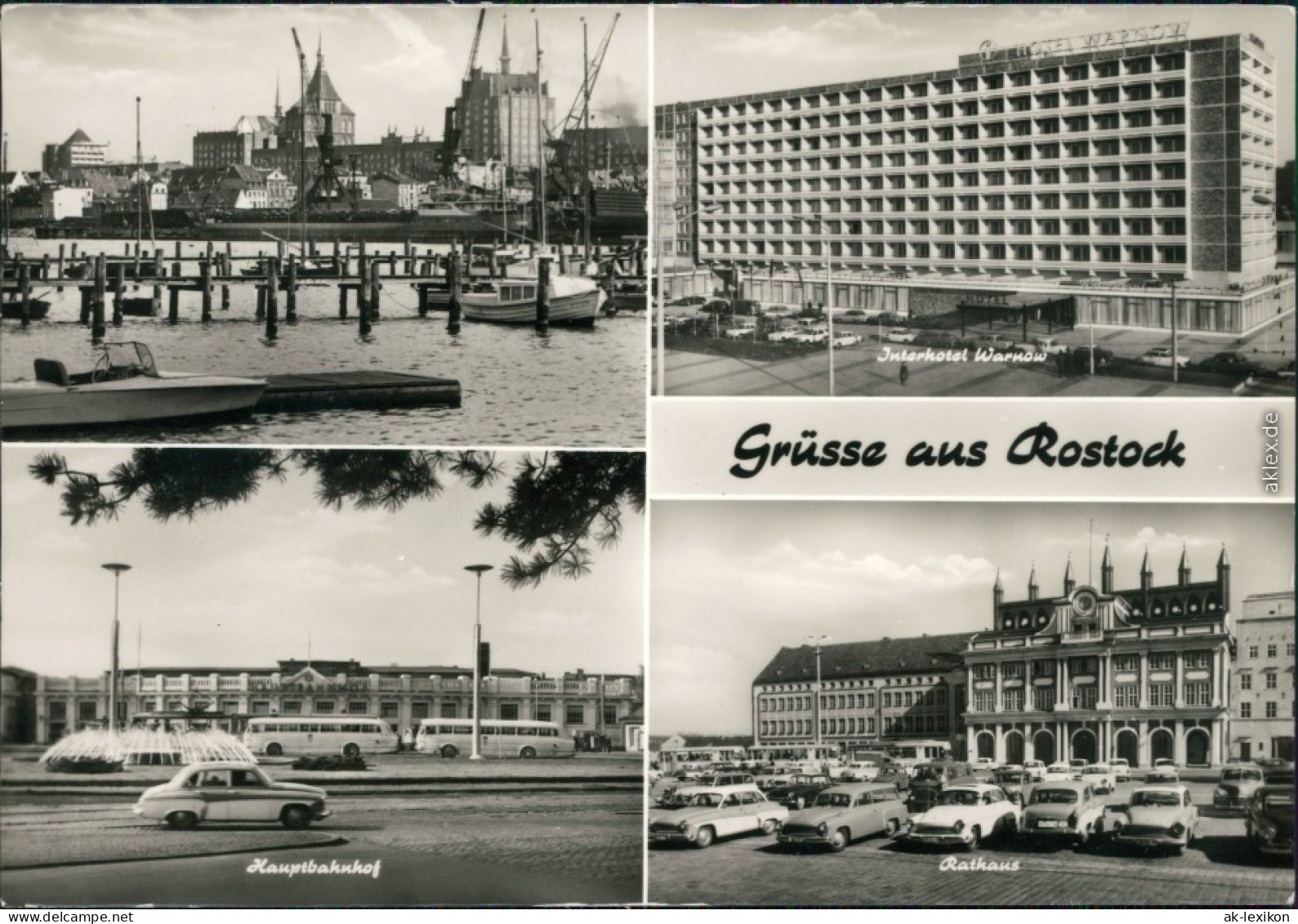 Ansichtskarte Rostock Hafen, Hauptbahnhof, Hotel Warnow, Rathaus 1977 - Rostock