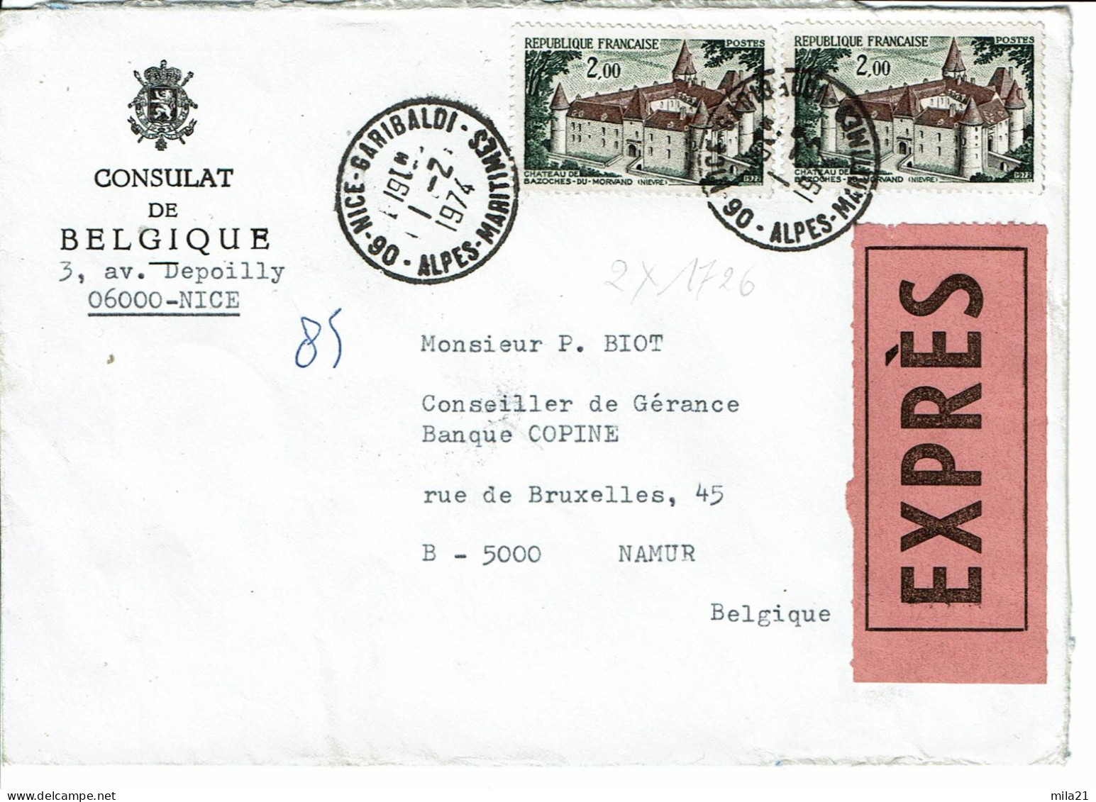 Timbres Françe  1726 (2x) - Sur  Lettre Consulaire  EXPRES Pour La Belgique - Brieven En Documenten