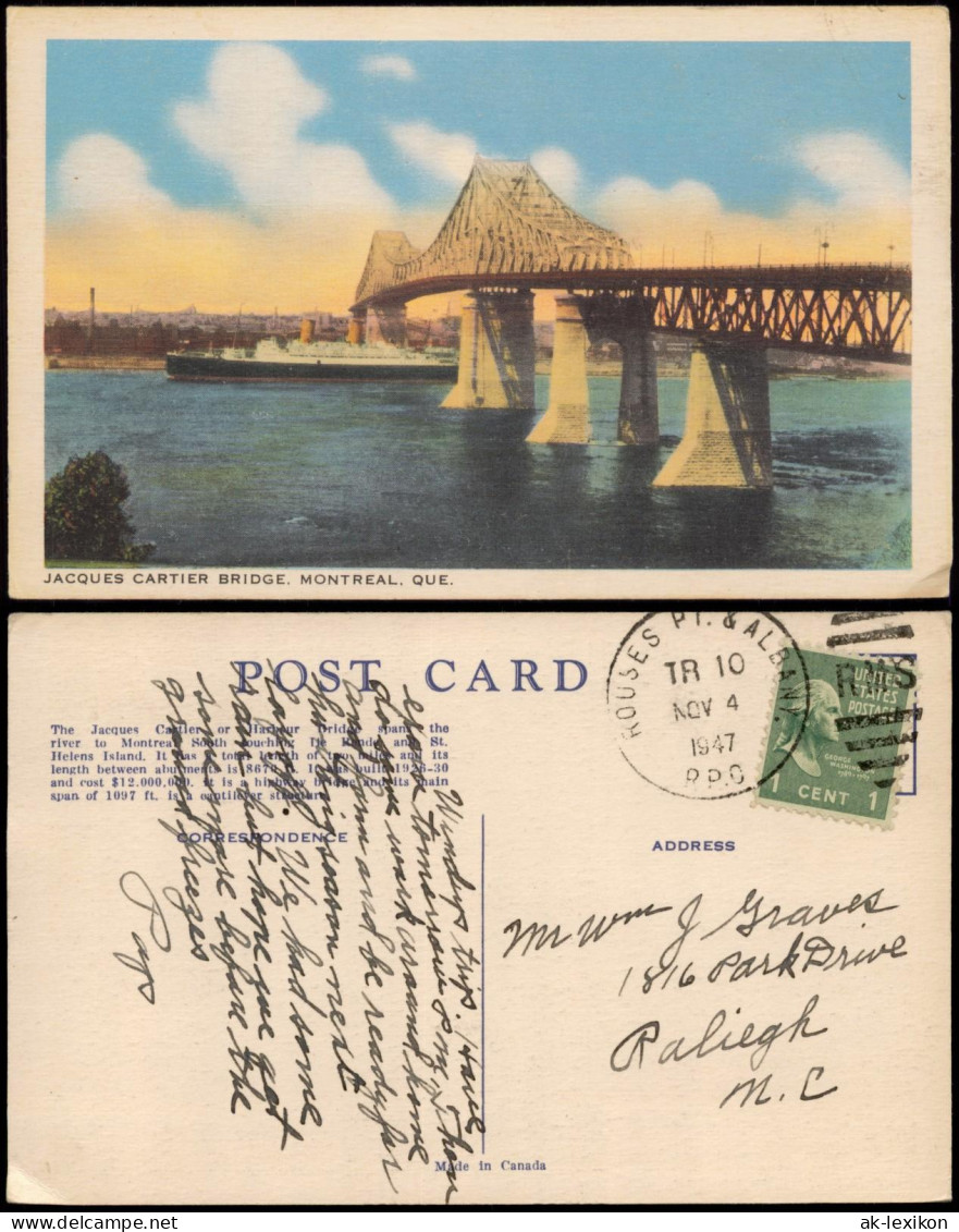 Postcard Montreal JACQUES CARTIER BRIDGE 1947 - Montreal