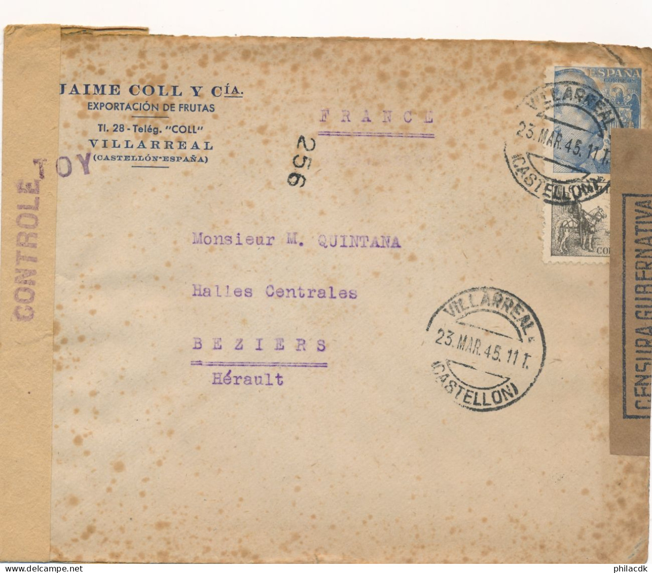 ESPAGNE - 2 TIMBRES SUR ENVELOPPE CENSURA GUBERNATIVA BARCELONA OBLITEREE AVEC CAD VILLARREAL DU 23 MARS 1945 - Marques De Censures Républicaines