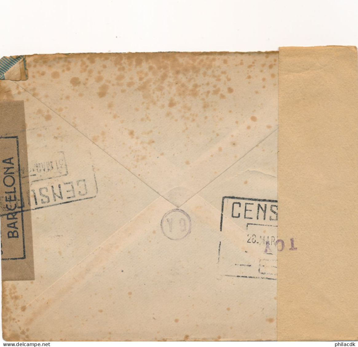 ESPAGNE - 2 TIMBRES SUR ENVELOPPE CENSURA GUBERNATIVA BARCELONA OBLITEREE AVEC CAD VILLARREAL DU 23 MARS 1945 - Marques De Censures Républicaines