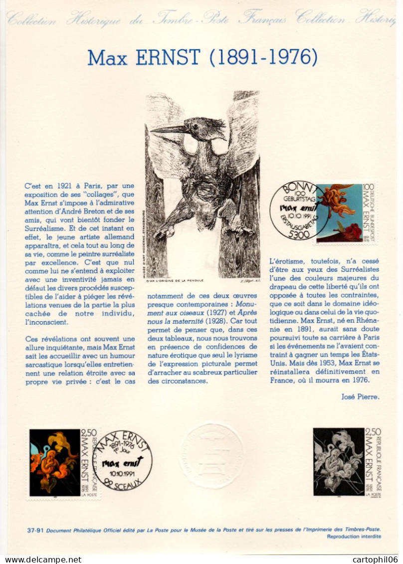 - Document PREMIER JOUR EMISSION COMMUNE FRANCE / ALLEMAGNE 10.10.1991 - Peintre Max ERNST (1891-1976) - - Joint Issues