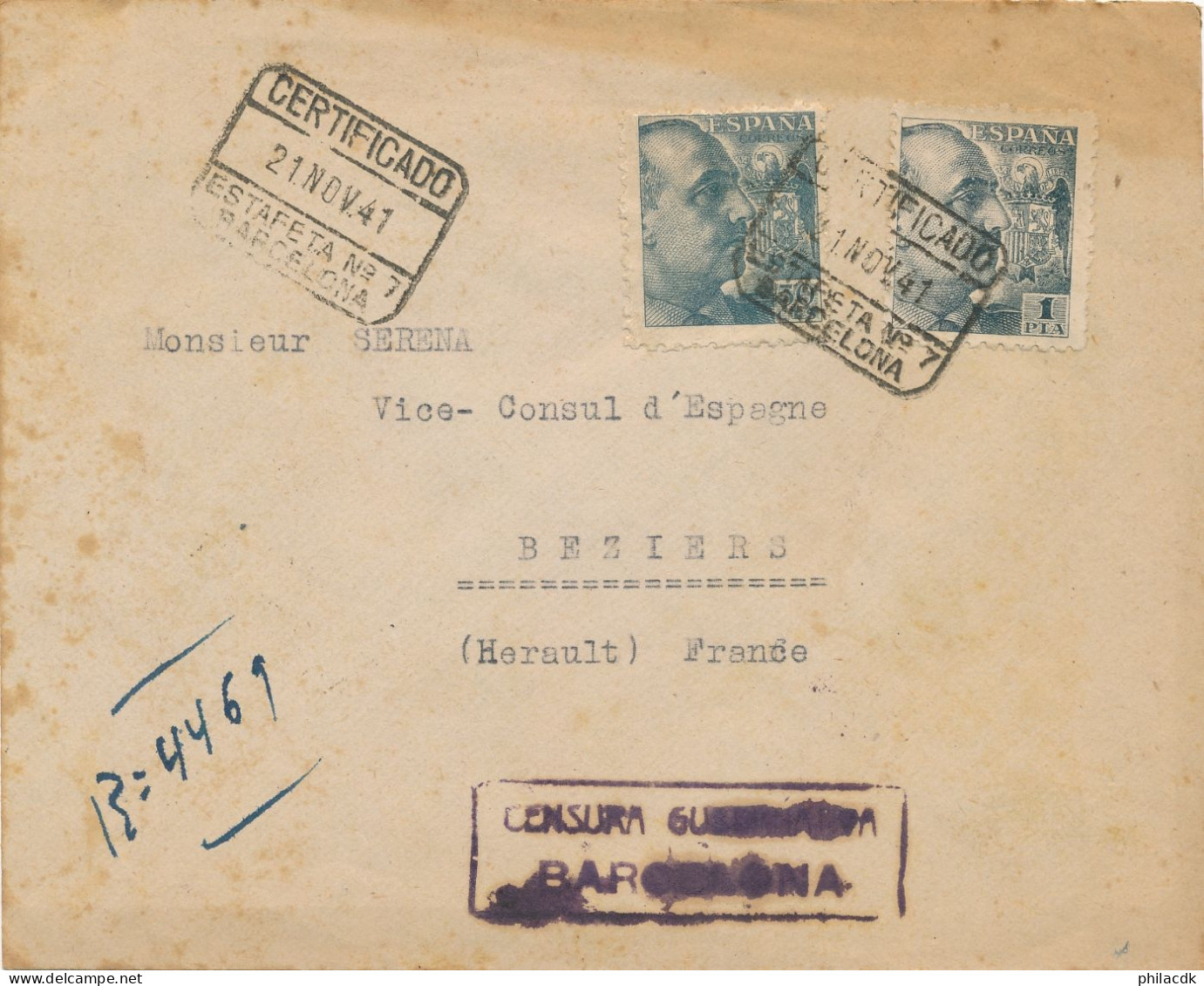 ESPAGNE - 2 TIMBRES SUR ENVELOPPE CENSURA GUBERNATIVA BARCELONA ESTAFETA N°7 21 NOVEMBRE 1941 POUR BEZIERS - Republikanische Zensur