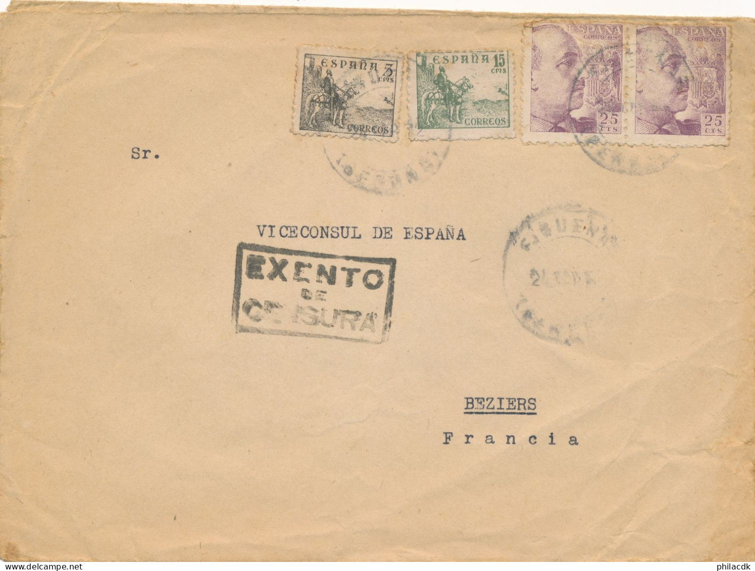 ESPAGNE - 4 TIMBRES SUR ENVELOPPE EXENTO DE CENSURA - Republicans Censor Marks