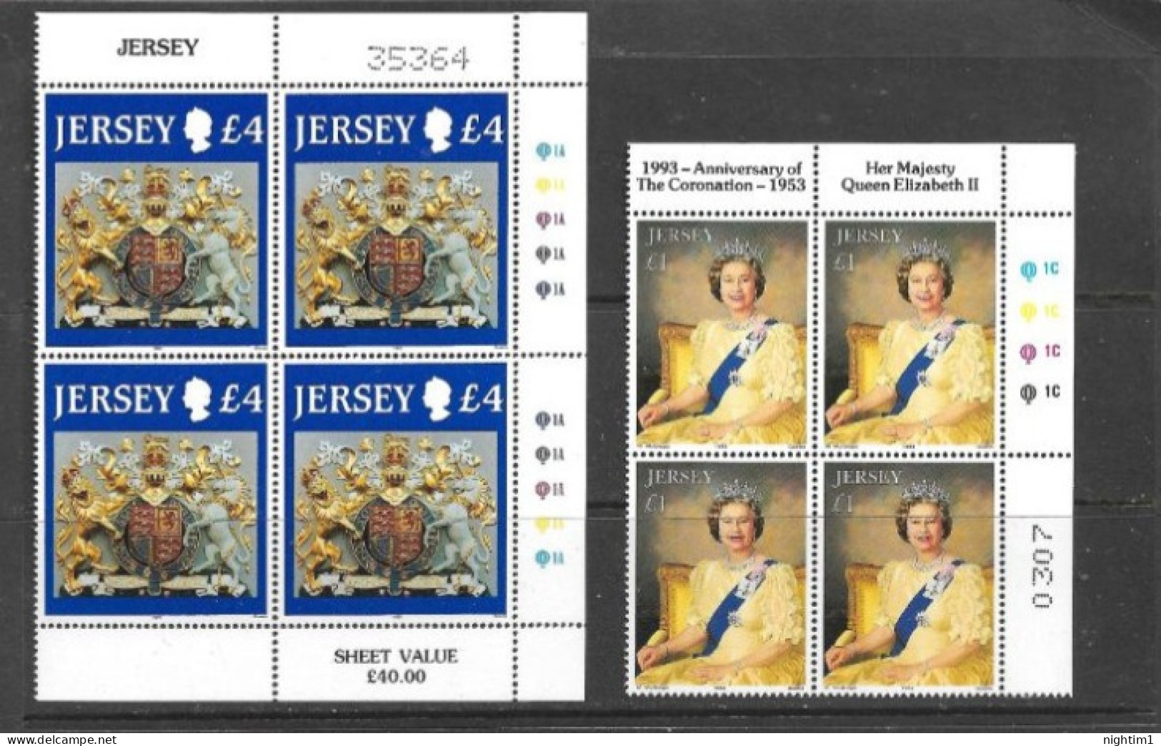 JERSEY COLLECTION. JERSEY DEFINITIVES. £4 AND £1 BLOCKS OF 4. UNMOUNTED MINT. - Jersey