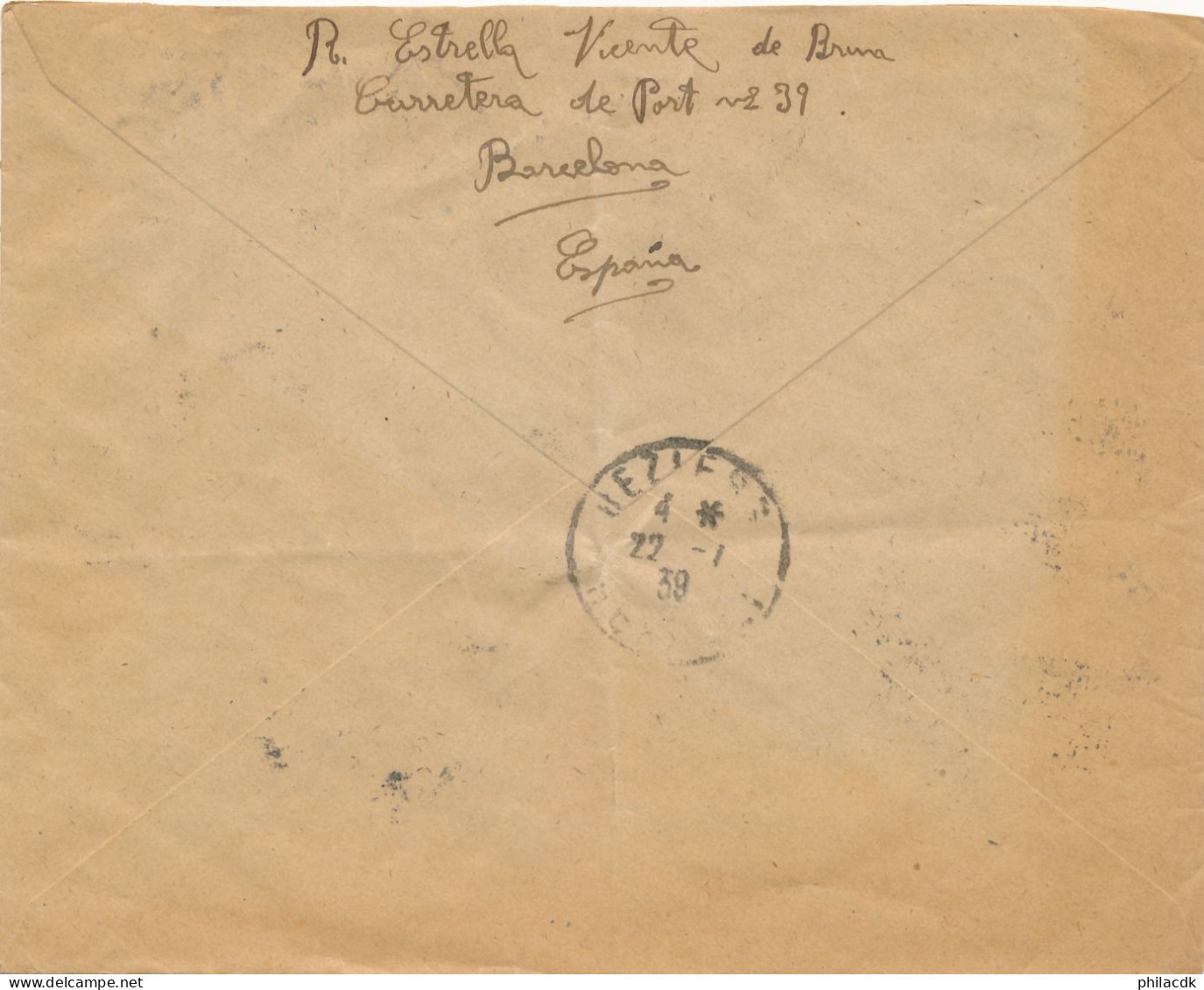 ESPAGNE - 5 TIMBRES SUR ENVELOPPE CENSURA BARCELONA POUR BEZIERS FRANCE 1939 - Nationalistische Zensur