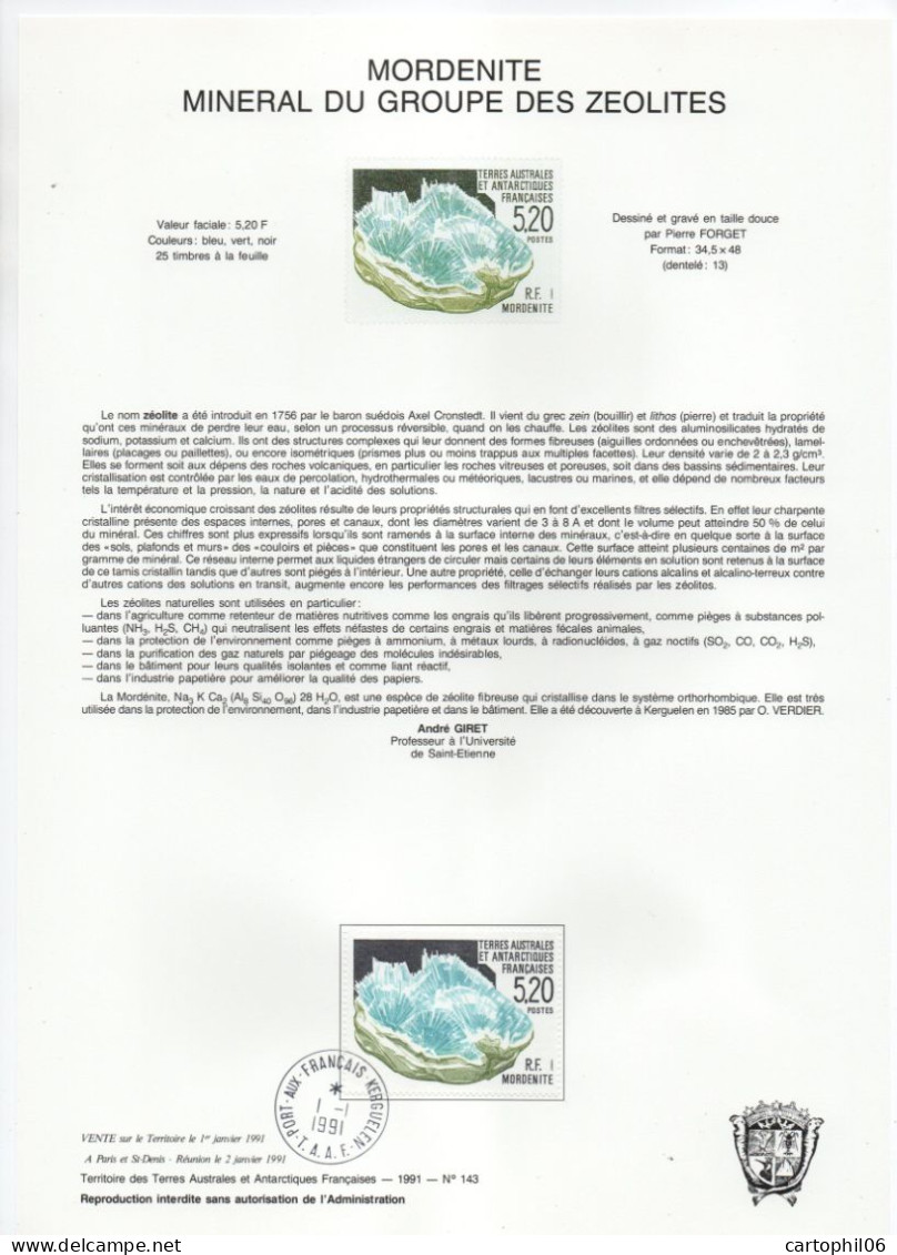 - Document Philatélique LA MORDENITE - MINERAL DES ZEOLITES - PORT-AUX-FRANCAIS-KERGUELEN (T.A.A.F.) 1.1.1991 - - Mineralien