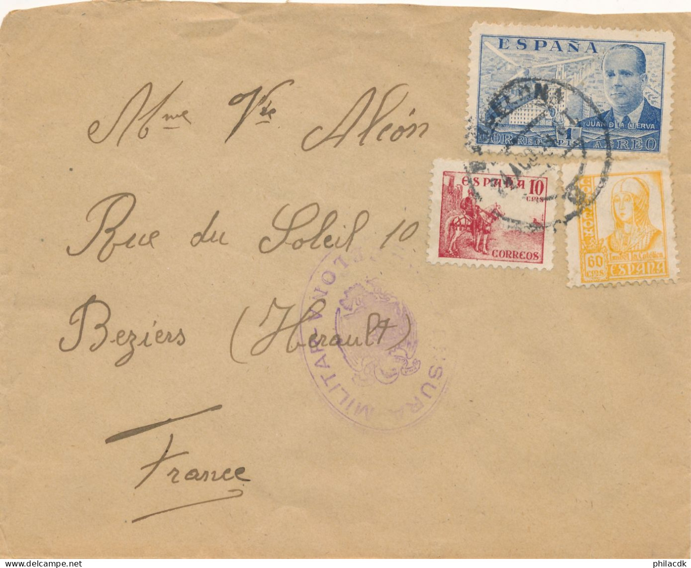 ESPAGNE - 3 TIMBRES SUR ENVELOPPE CENSURA MILITAR BARCELONA POUR BEZIERS FRANCE - Nationalists Censor Marks