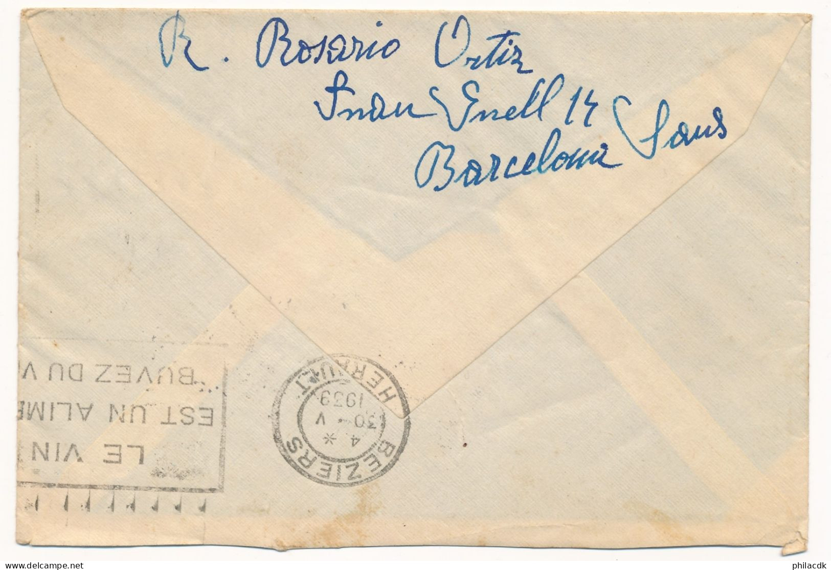 ESPAGNE - 3 TIMBRES SUR ENVELOPPE CENSURA MILITAR BARCELONA POUR BEZIERS FRANCE AVEC CAD DU 30 MAI 1939 - Nationalists Censor Marks