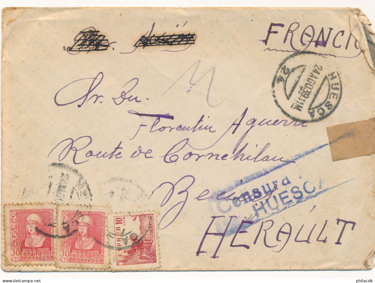 ESPAGNE - 3 TIMBRES SUR ENVELOPPE CENSURA HUESCA POUR BEZIERS FRANCE AVEC CAD DU 24 AOUT 1939 - Marques De Censures Nationalistes