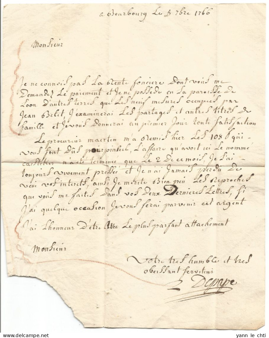 Lettre Avec Correspondance 1766 Gravelines De M.Depape Bourbourg à M. Roussel Avocat Bergues Nord 59 - 1701-1800: Précurseurs XVIII