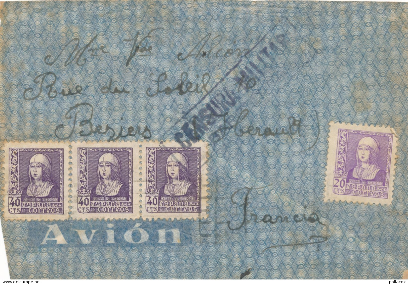 ESPAGNE - 4 TIMBRES SUR ENVELOPPE CENSURA MILITAR 1939 - Marques De Censures Nationalistes