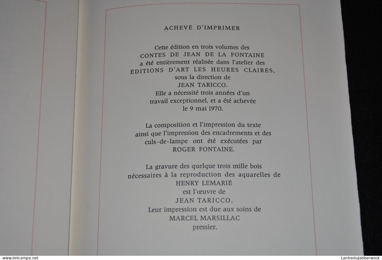 Contes De Jean de La Fontaine - 3 Volumes (complet) illustrations de Henry Lemarié Les heures claires 1970 Tirage limité