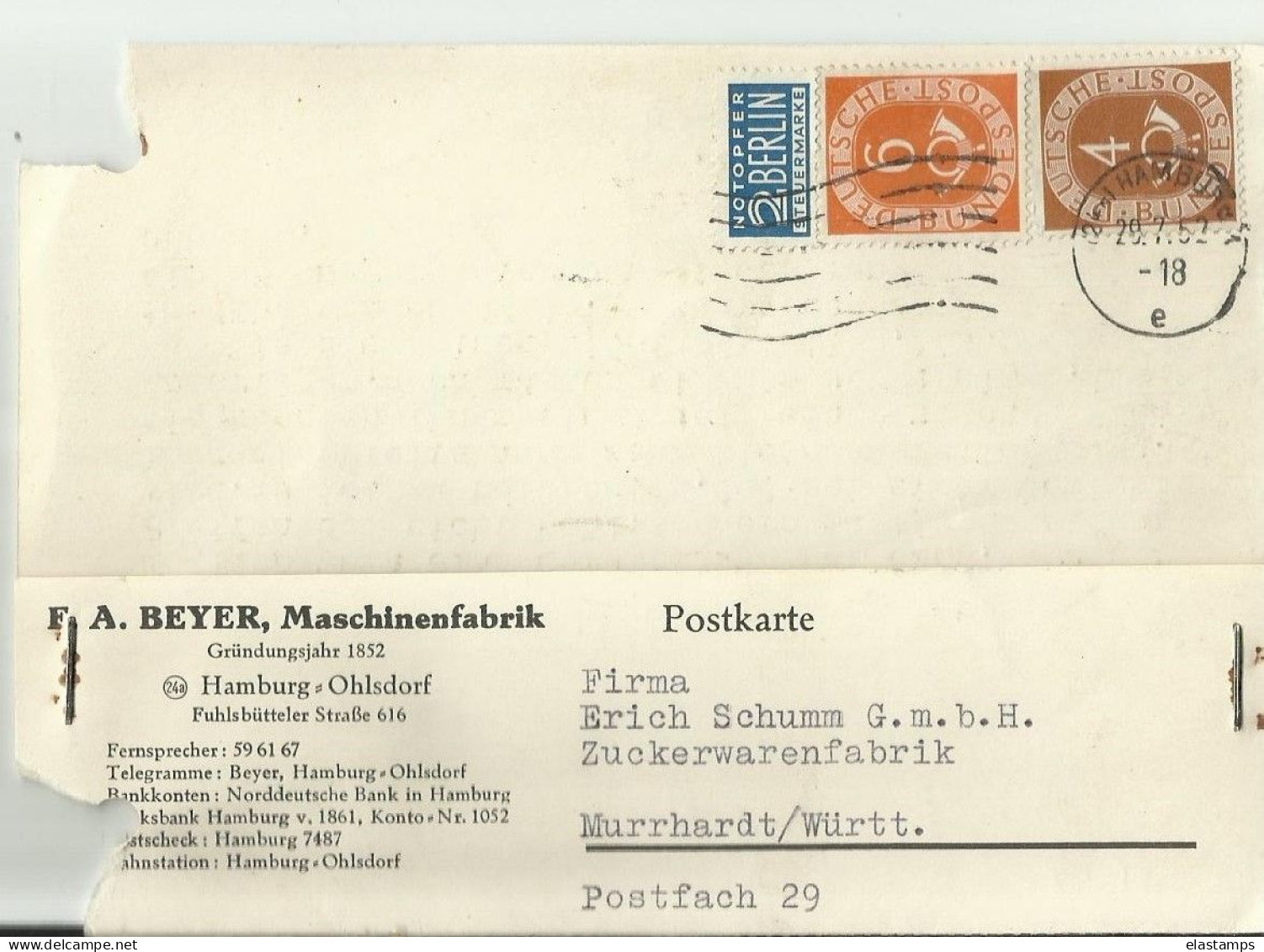 BDR GS 1952 HAMBURG - Postkaarten - Ongebruikt