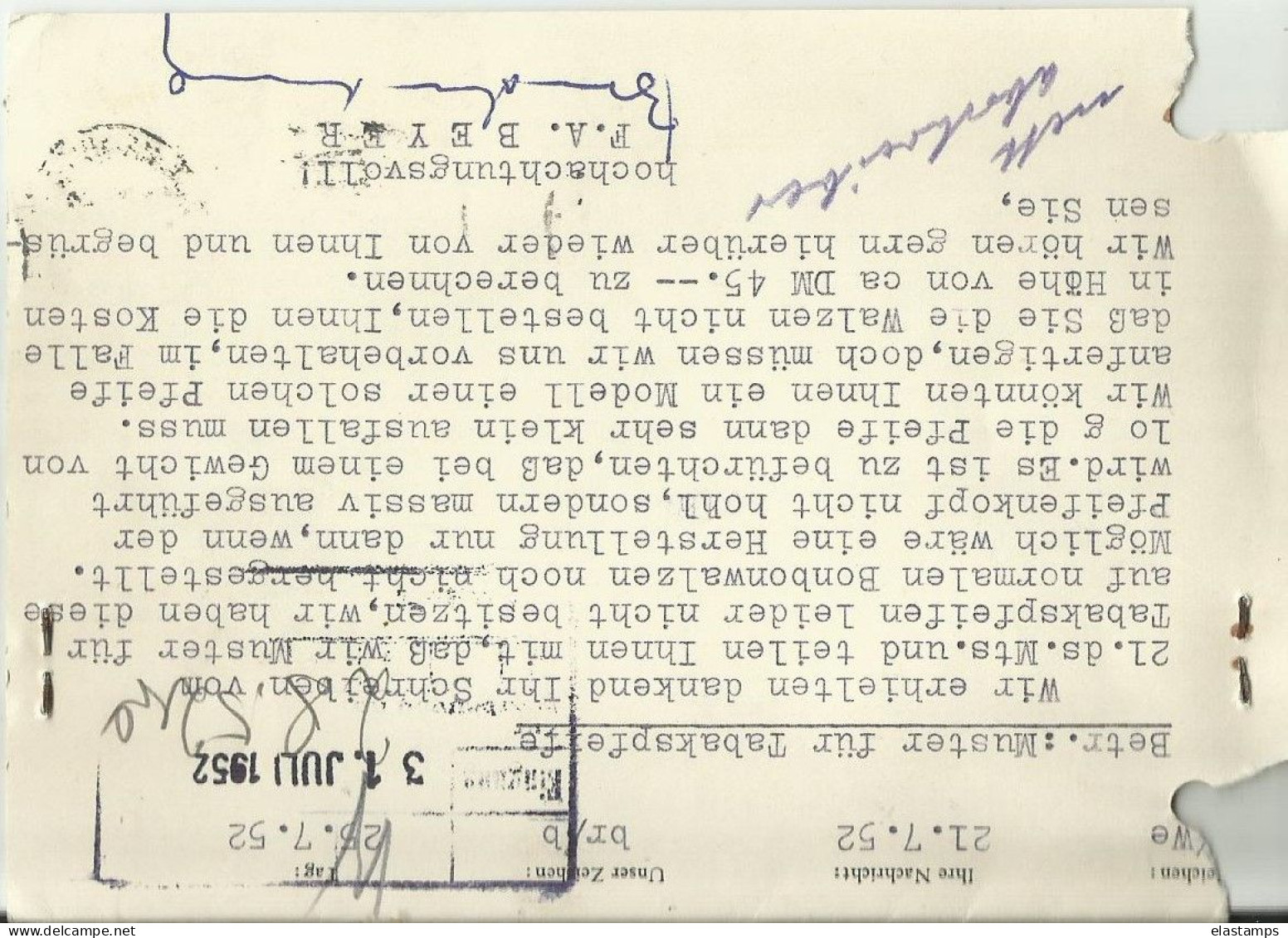 BDR GS 1952 HAMBURG - Postkaarten - Gebruikt