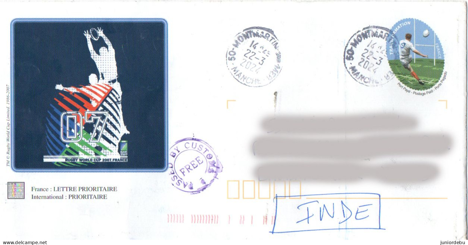 France - 2007 -  World Cup Rugby Postal Stationary Cover Mailed To India. - Cartas & Documentos