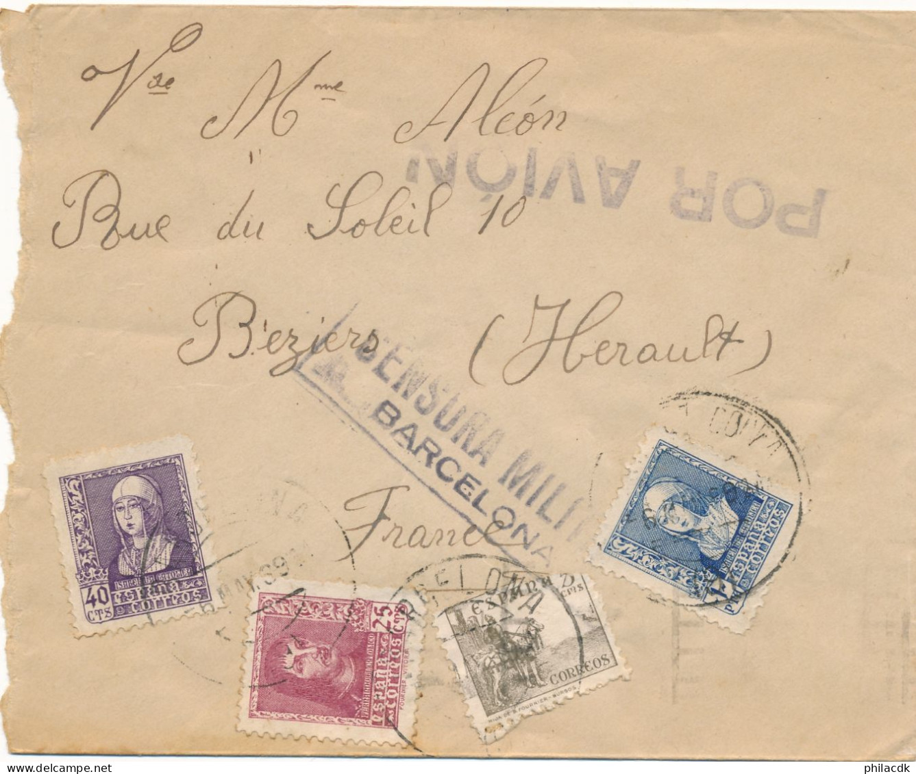 ESPAGNE - 4 TIMBRES SUR ENVELOPPE CENSURA MILITAR BARCELONA POUR BEZIERS FRANCE 10 MAI 1939 - Nationalistische Censuur