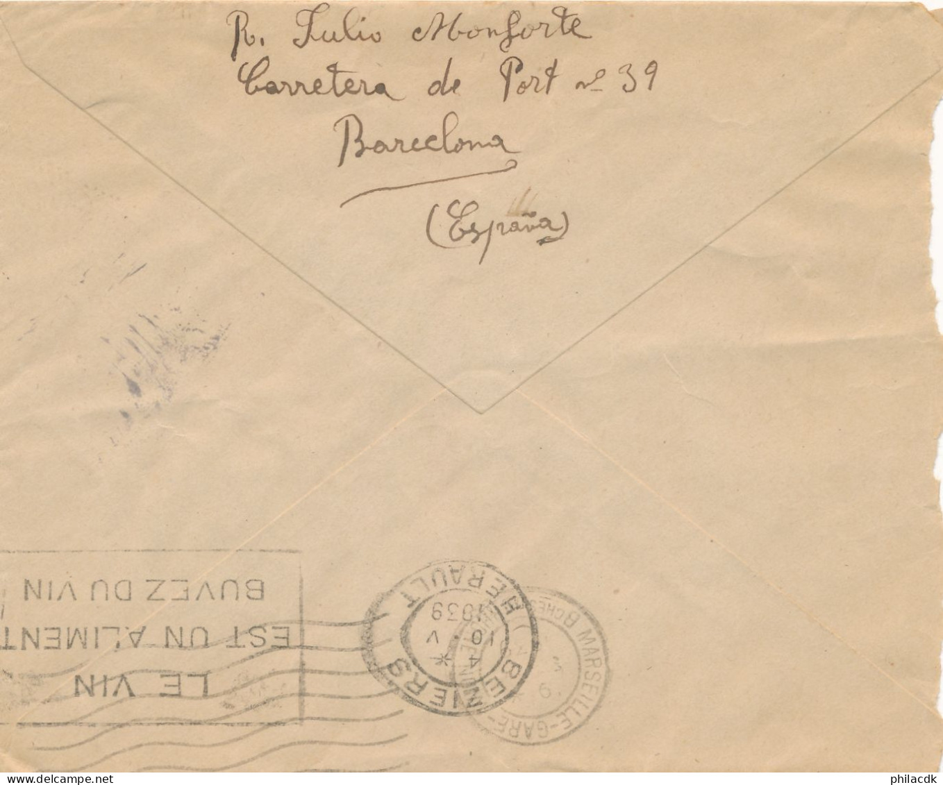 ESPAGNE - 4 TIMBRES SUR ENVELOPPE CENSURA MILITAR BARCELONA POUR BEZIERS FRANCE 10 MAI 1939 - Bolli Di Censura Nazionalista