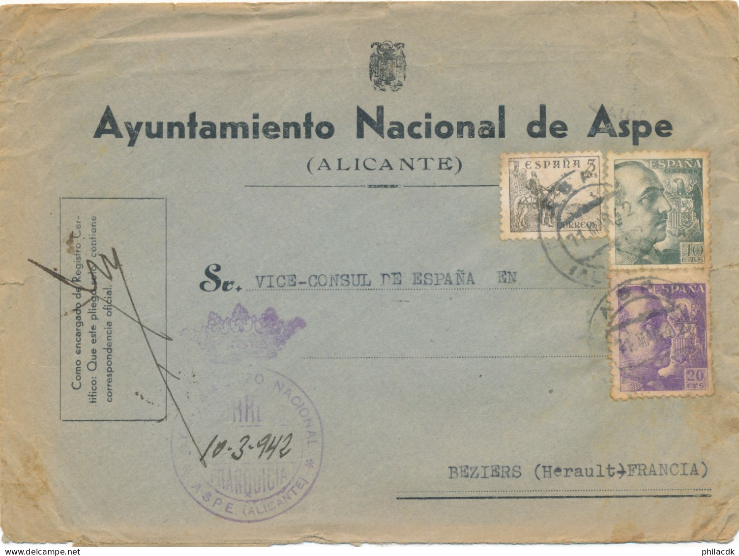 ESPAGNE - 3 TIMBRES SUR ENVELOPPE EXENTO DE CENSURA VALENCIA DELCID POUR BEZIERS FRANCE 1939 - Marques De Censures Républicaines