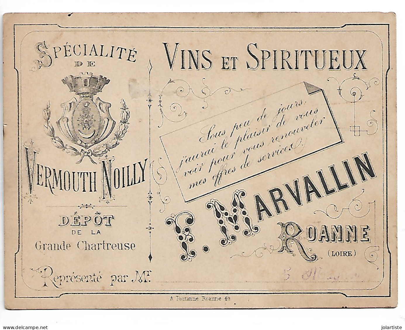 Carte De Vins Et Spiritueux ROANNE (loire) F MARVALLIN N0171 - Cartes De Visite