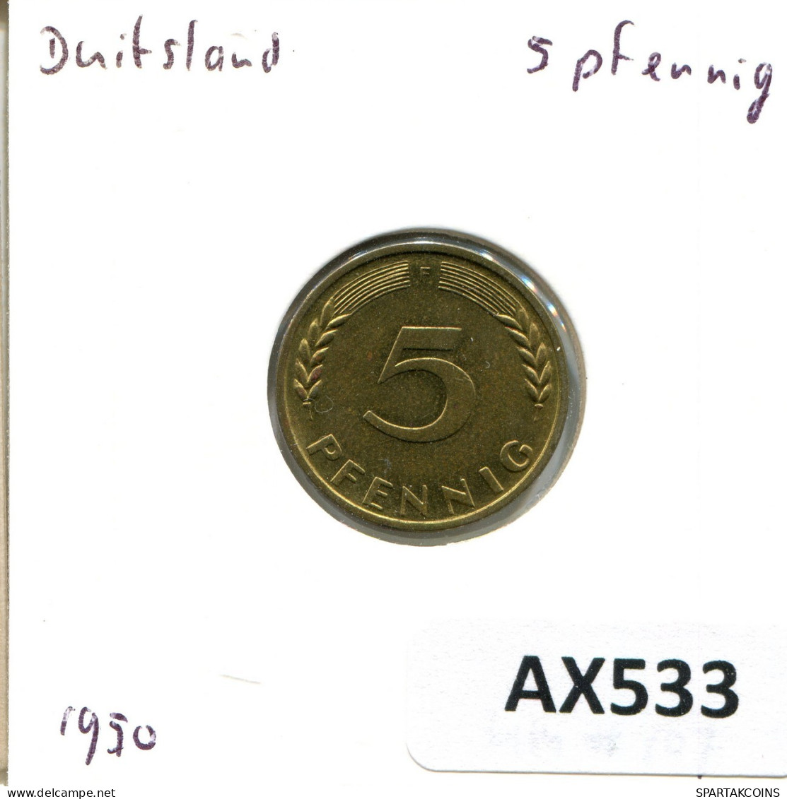 5 PFENNIG 1950 F BRD DEUTSCHLAND Münze GERMANY #AX533.D.A - 5 Pfennig